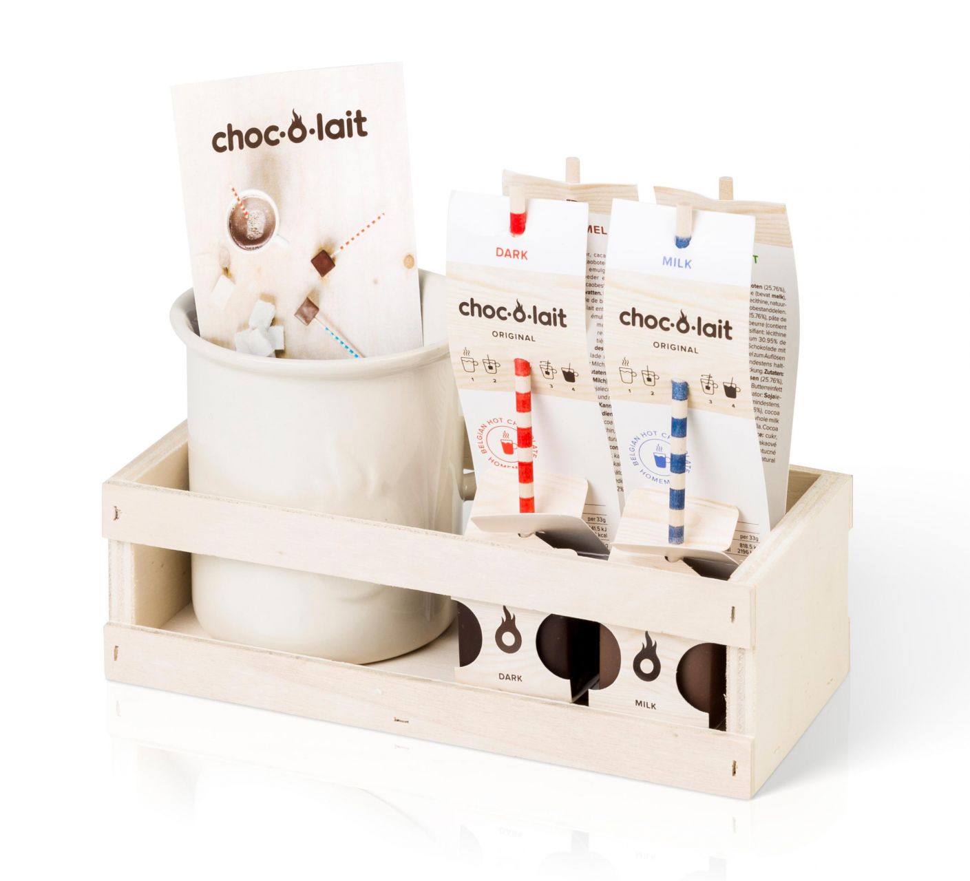 Giftpack WoodenBox - Choc-o-lait tas met 4 sticks