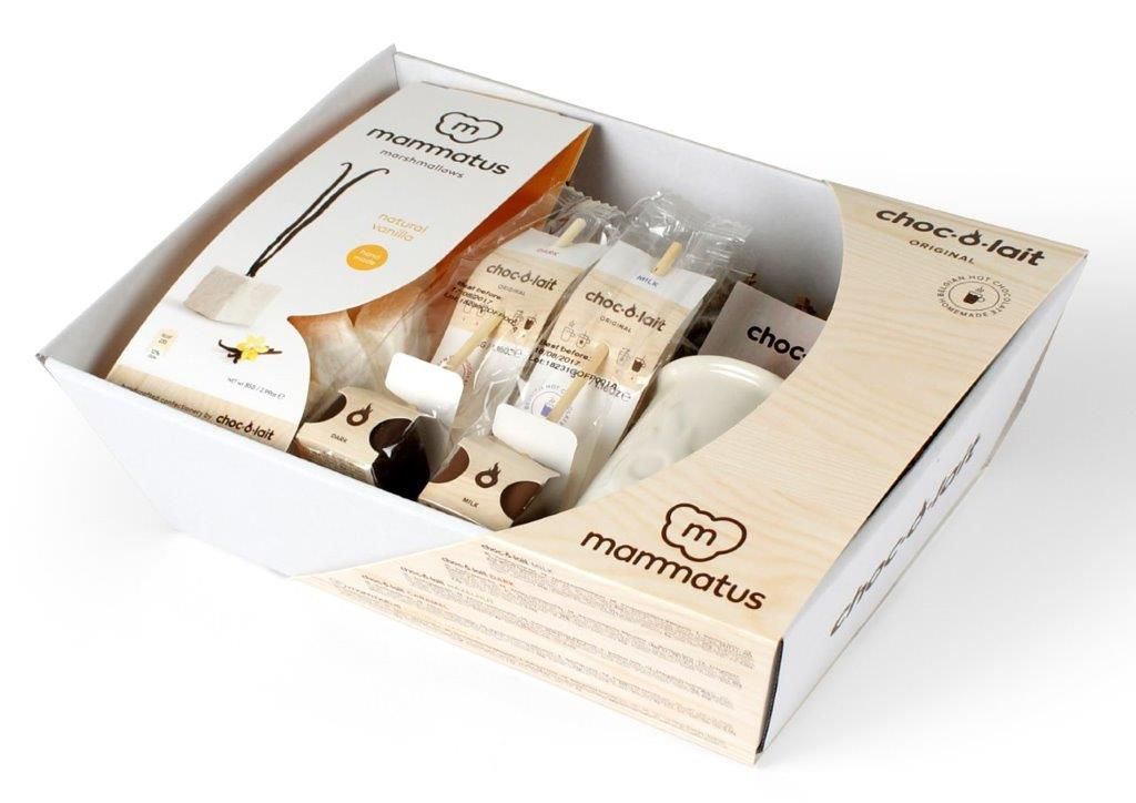 Giftbasket - Choc-o-lait tas, 4 sticks én vanille Mammatus marshmallows